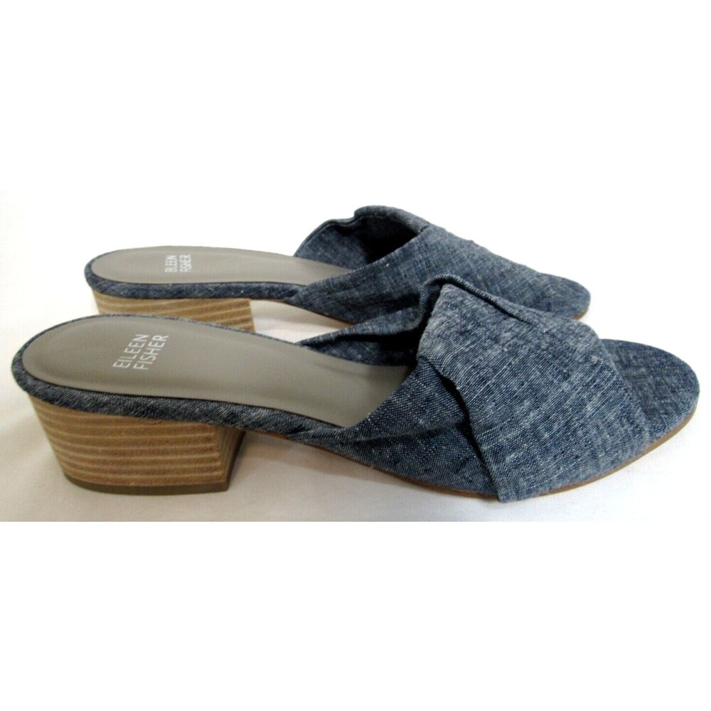 Eileen Fisher Blue Ruche Chambray Slip On Vero Cuoio Heels Size 9.5 NWOT
